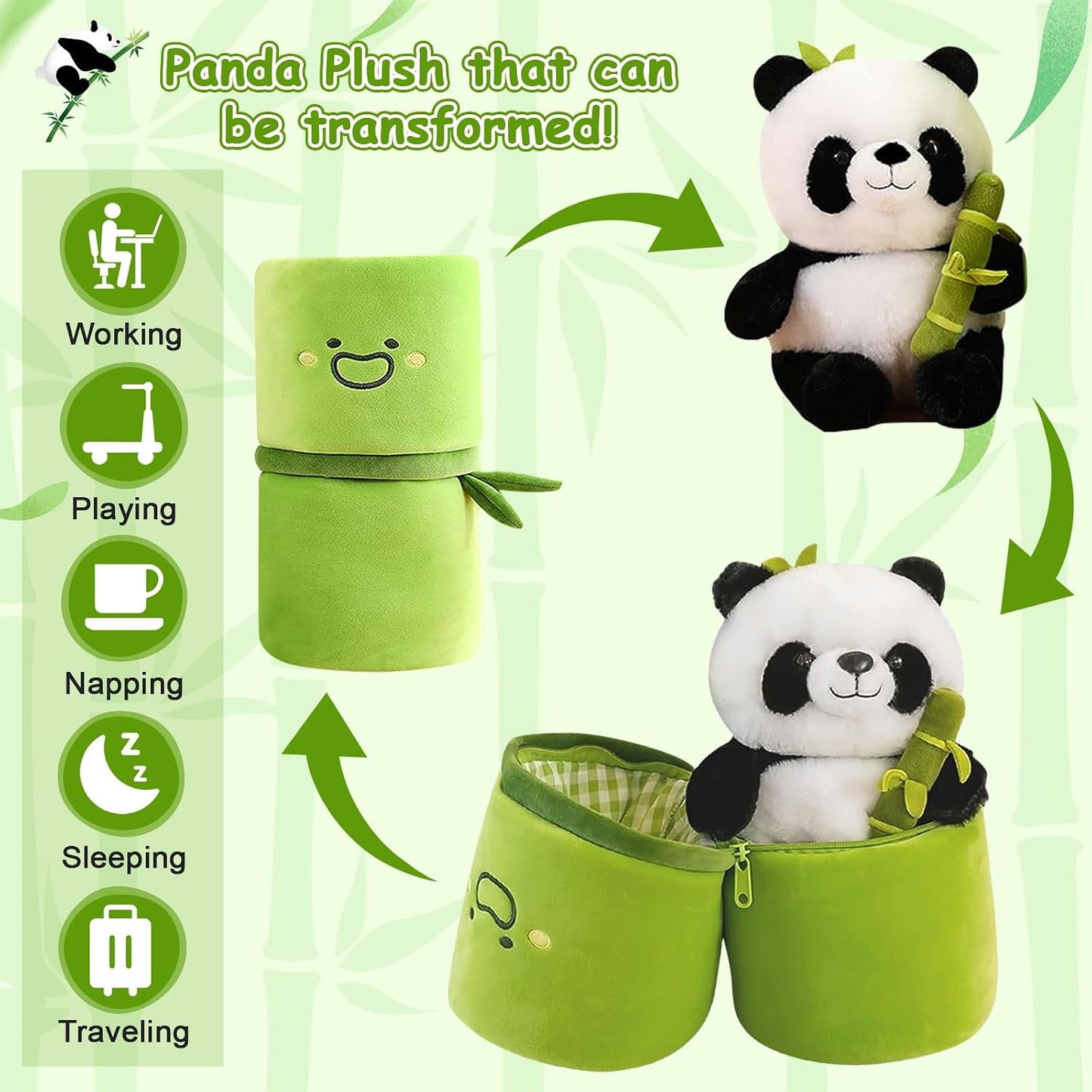 Soft Reversible Panda Stuffed Animals with Bamboo Storage Bag, 11-Inch Interactive Baby Toy, Cute Cuddly Panda Plush Toy for Kids & Adults – Perfect for Birthday & Easter Gifts | 11-Inch Interactive Baby Toy