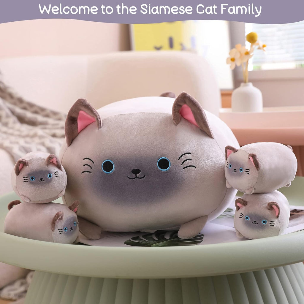 Siamese Cat Plush, Cute Stuffed Animals Mommy with 4 Squishy Kitties, Soft Plush Pillow Gifts for Kids