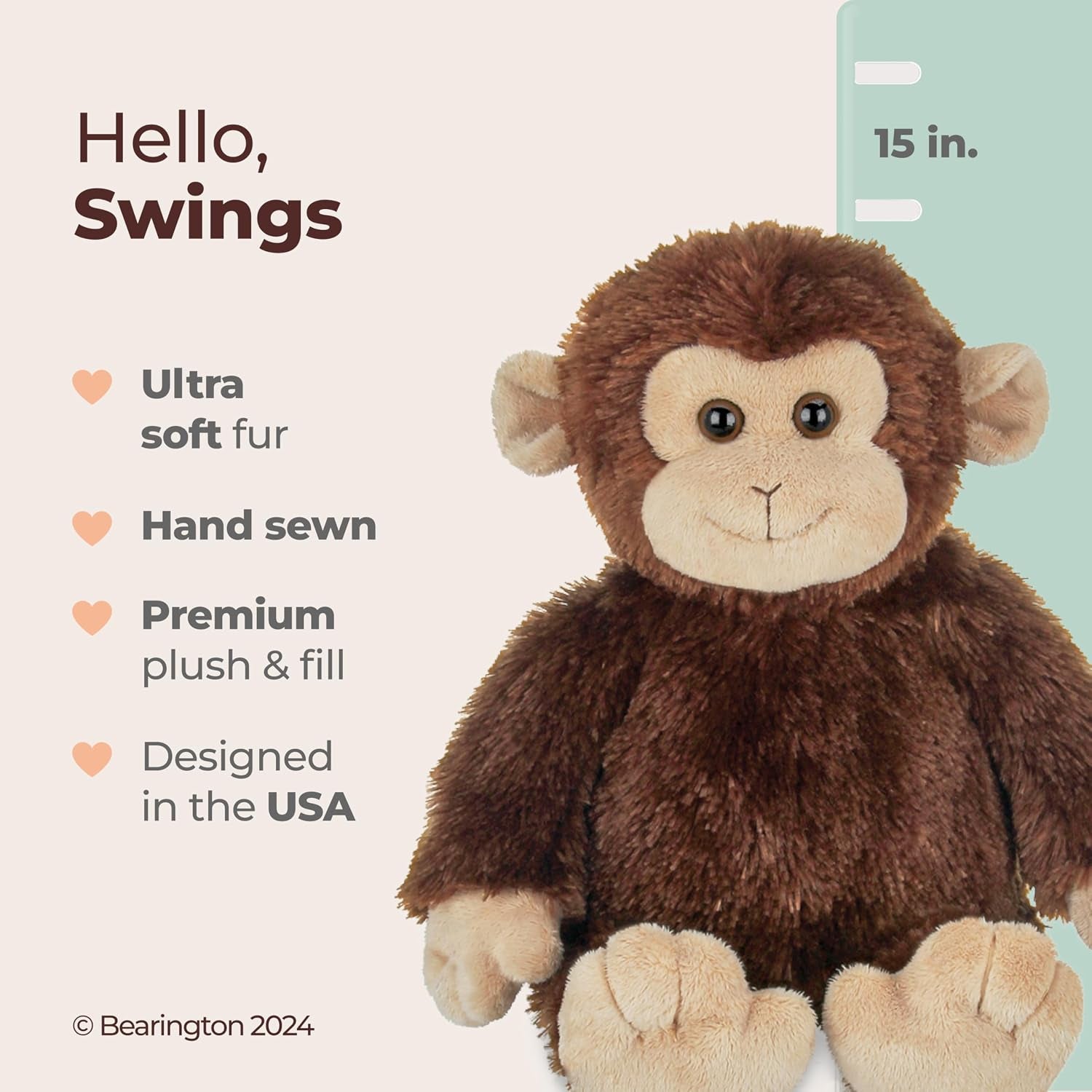Bearington Swings Monkey Stuffed Animal - 15" Stuffed Monkey Toys - Soft Washable Plush Monkeys with Lifelike Features for Babies, Toddlers, and Animal Lovers - Adorable Gift for Kids