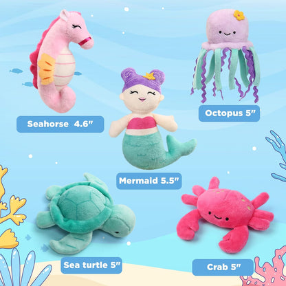5-Pack Ocean Stuffed Animal Set with Shell Carrying Bag | Sea Creature Stuffed Animals for Girls & Toddler, Plush Toys with Turtle, Octopus, Mermaid, Seahorse, Crab, Baby Shower