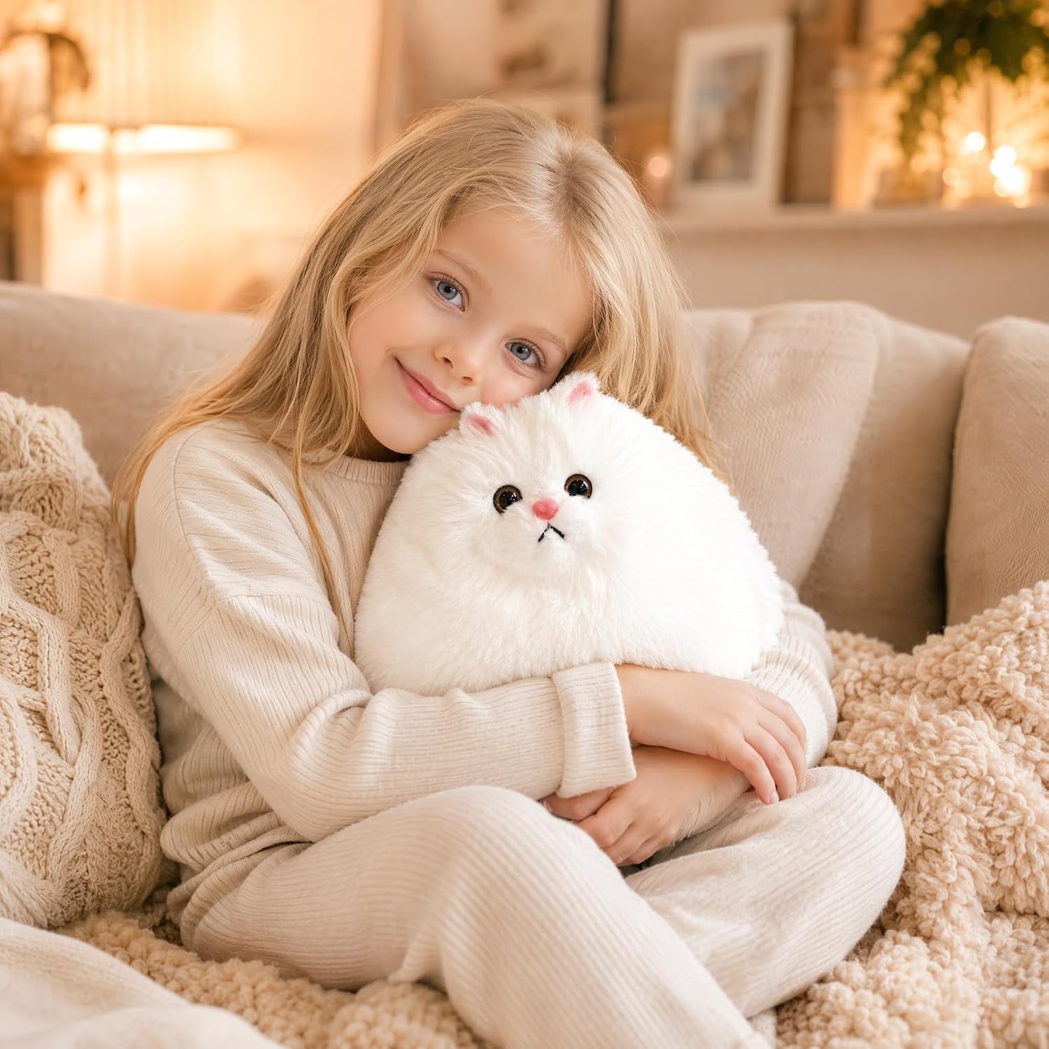 10-Inch White Cat Plush Toy, Soft Fluffy Stuffed Animal for Girls | Chubby Body and Long Tail Offer Cozy Cuddles, Making It a Sweet Gift for Kids, Birthdays, Holidays, and Cat Lovers