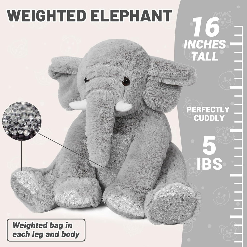 Elephant Weighted Stuffed Animals 5 Lbs 16 Inches Gray Plush | Large Weighted Stuffed Animal Elephant Plushie Cuddly Pillow Gift for Kids Adults