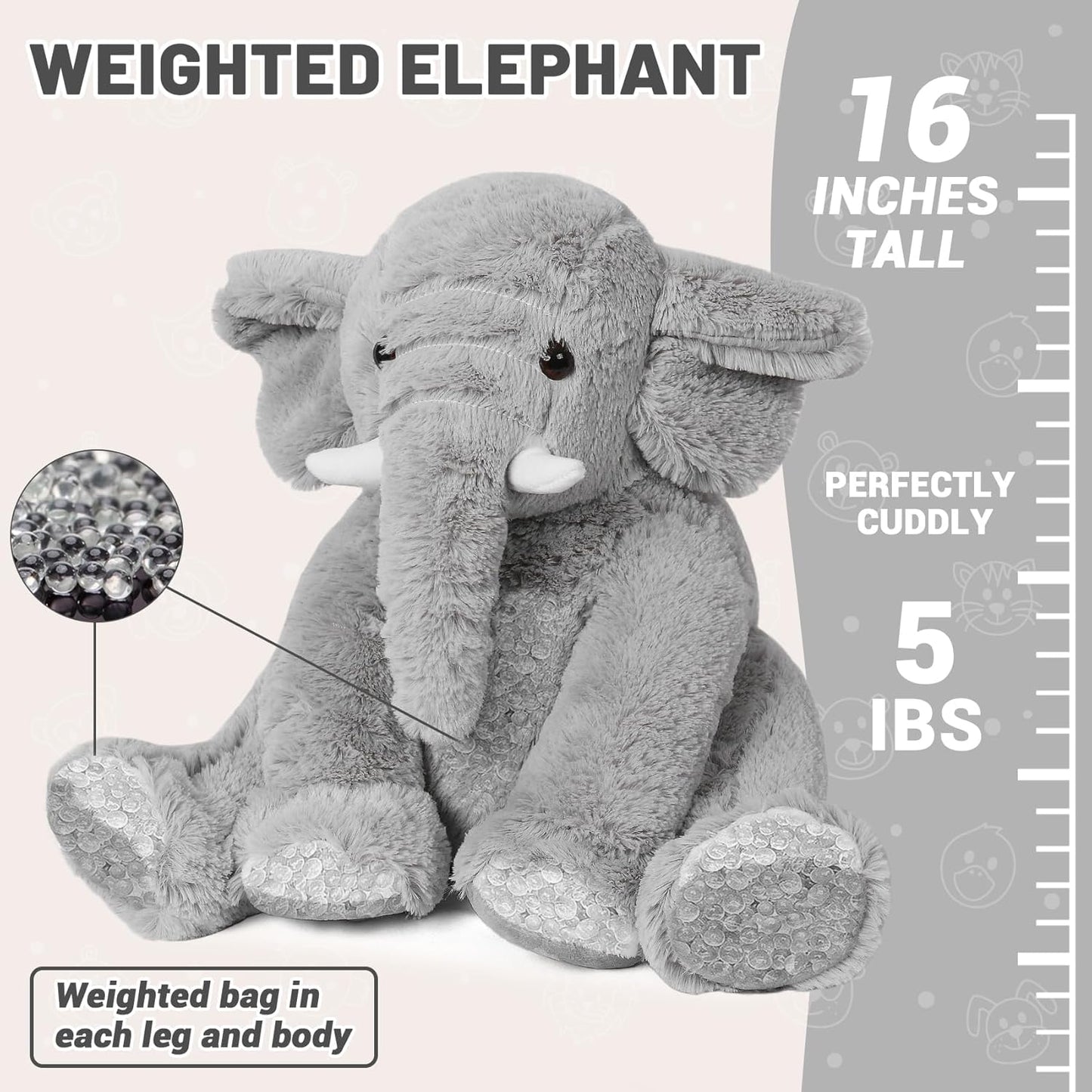 Elephant Weighted Stuffed Animals 5 Lbs 16 Inches Gray Plush | Large Weighted Stuffed Animal Elephant Plushie Cuddly Pillow Gift for Kids Adults
