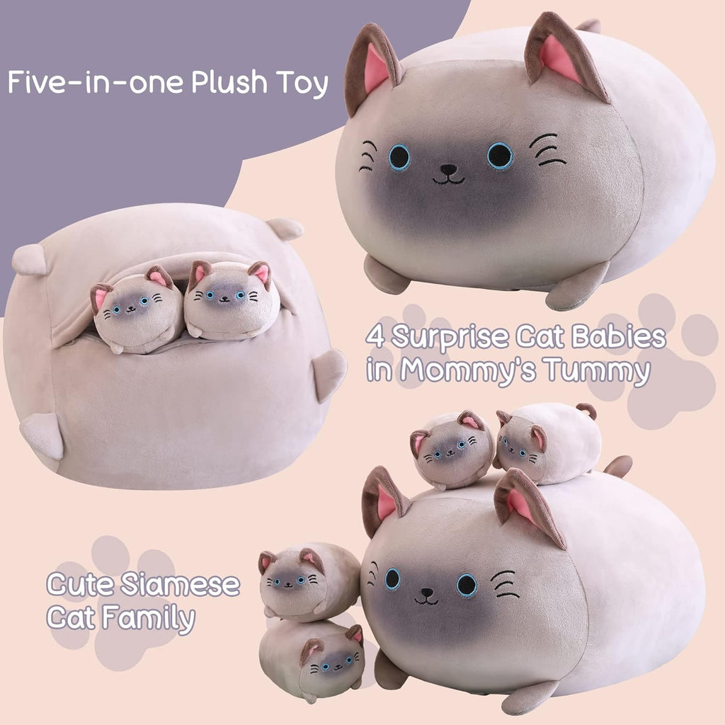 Siamese Cat Plush, Cute Stuffed Animals Mommy with 4 Squishy Kitties, Soft Plush Pillow Gifts for Kids