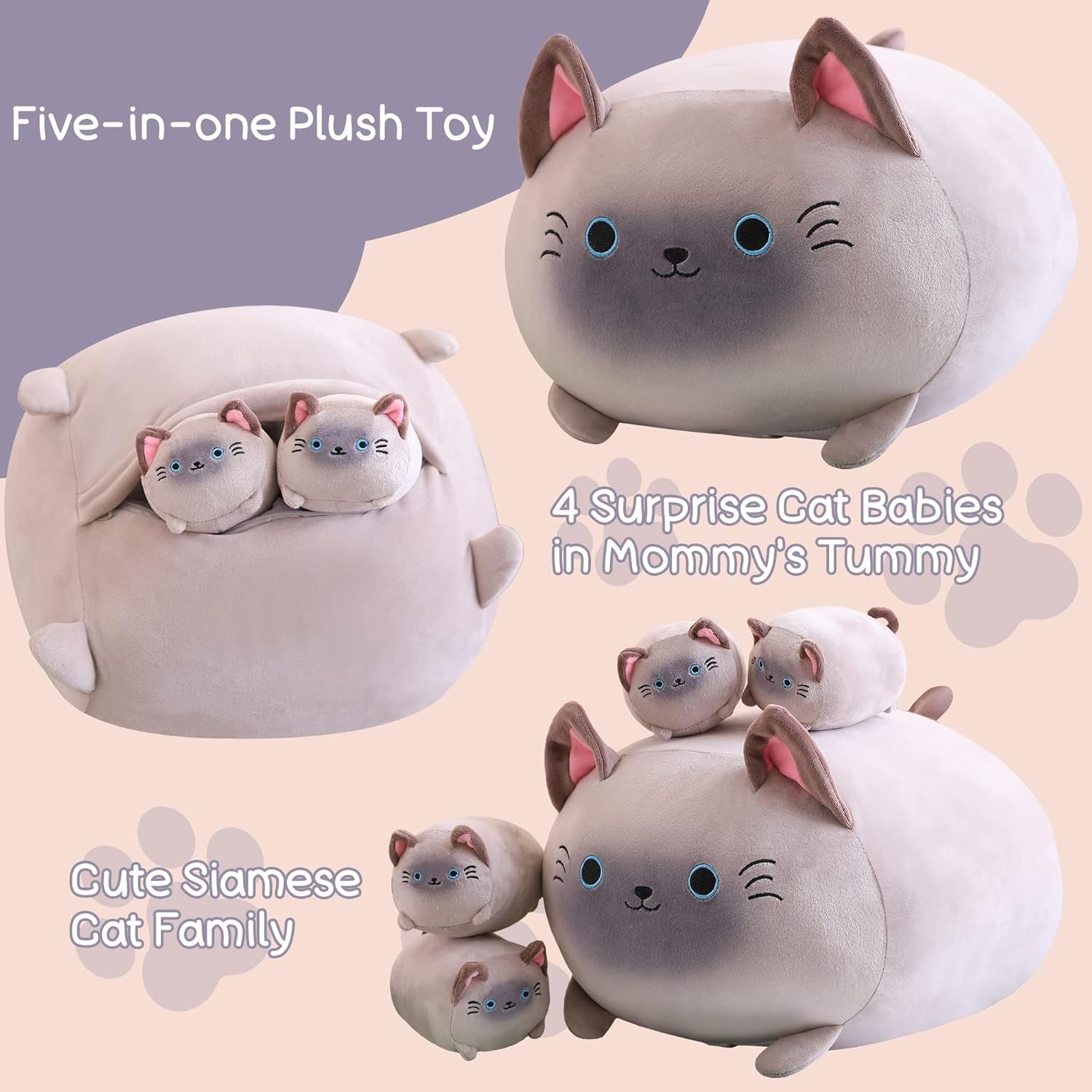 Siamese Cat Plush, Cute Stuffed Animals Mommy with 4 Squishy Kitties, Soft Plush Pillow Gifts for Kids