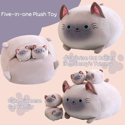 Siamese Cat Plush, Cute Stuffed Animals Mommy with 4 Squishy Kitties, Soft Plush Pillow Gifts for Kids