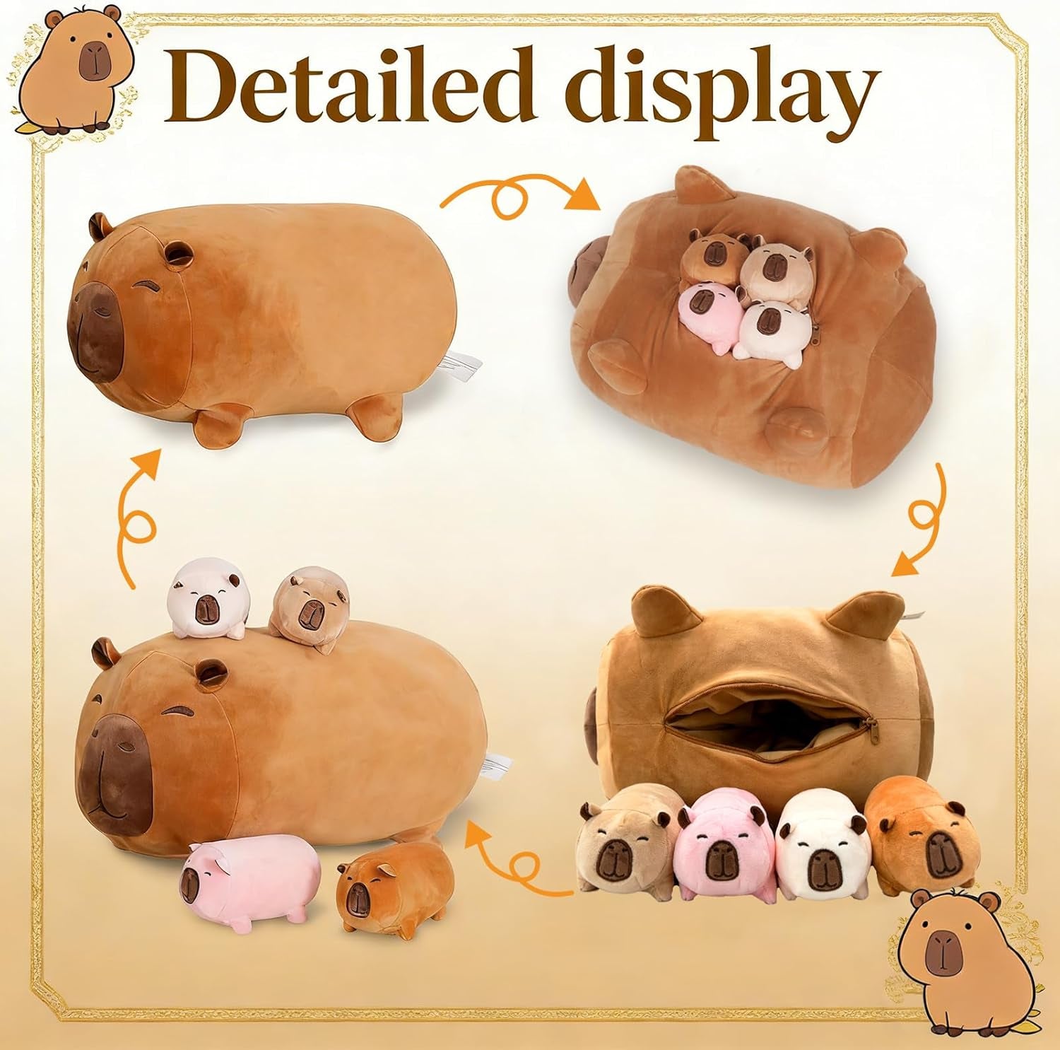 5-1 Capybara Stuffed Animal with 4 Babies Inside, 16 Inch Big Soft Mommy Capybara Plush Toy with 4 Capybaras, Cute Stuffed Pillow Gift for Kids Boys Girls, Birthday, Decor