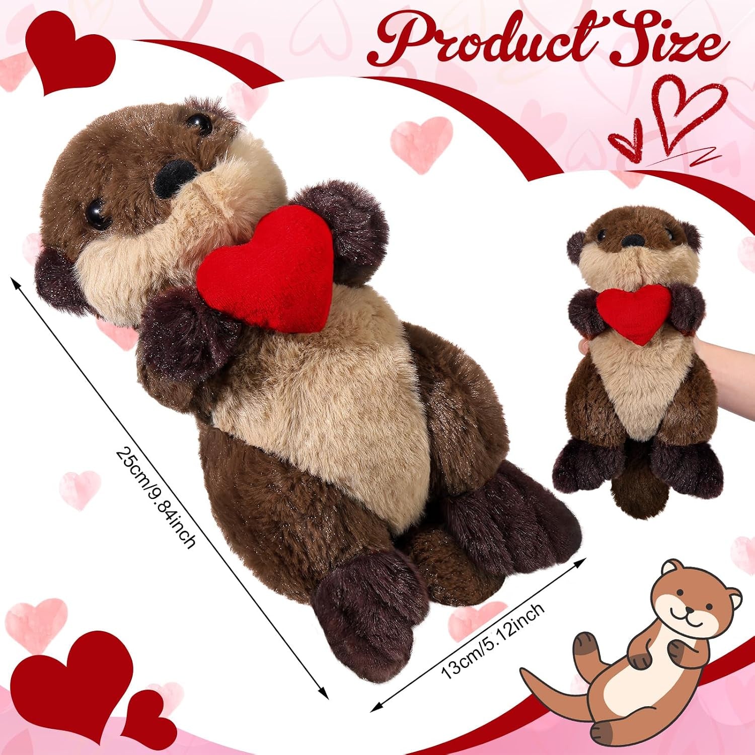 Sea Otter Stuffed Animal Plushie with Red Heart 9.84 Inches Cute Soft Floating River Otter Stuffed Animal Ocean Birthday Gift for Mom Mother'S Day Wedding Anniversary