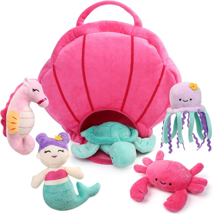 5-Pack Ocean Stuffed Animal Set with Shell Carrying Bag | Sea Creature Stuffed Animals for Girls & Toddler, Plush Toys with Turtle, Octopus, Mermaid, Seahorse, Crab, Baby Shower