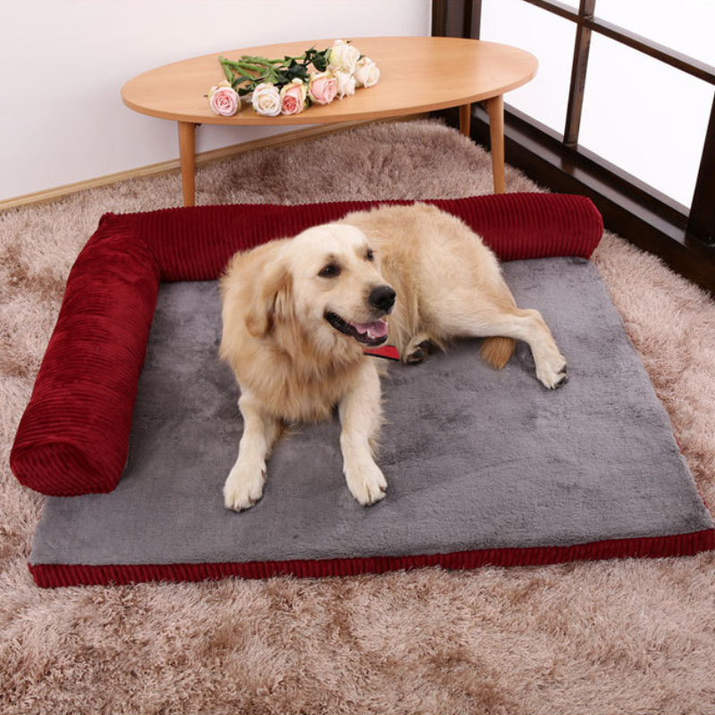 Soft Bolster Head Rest Corduroy Dog Bed: Temperature Regulation | Red