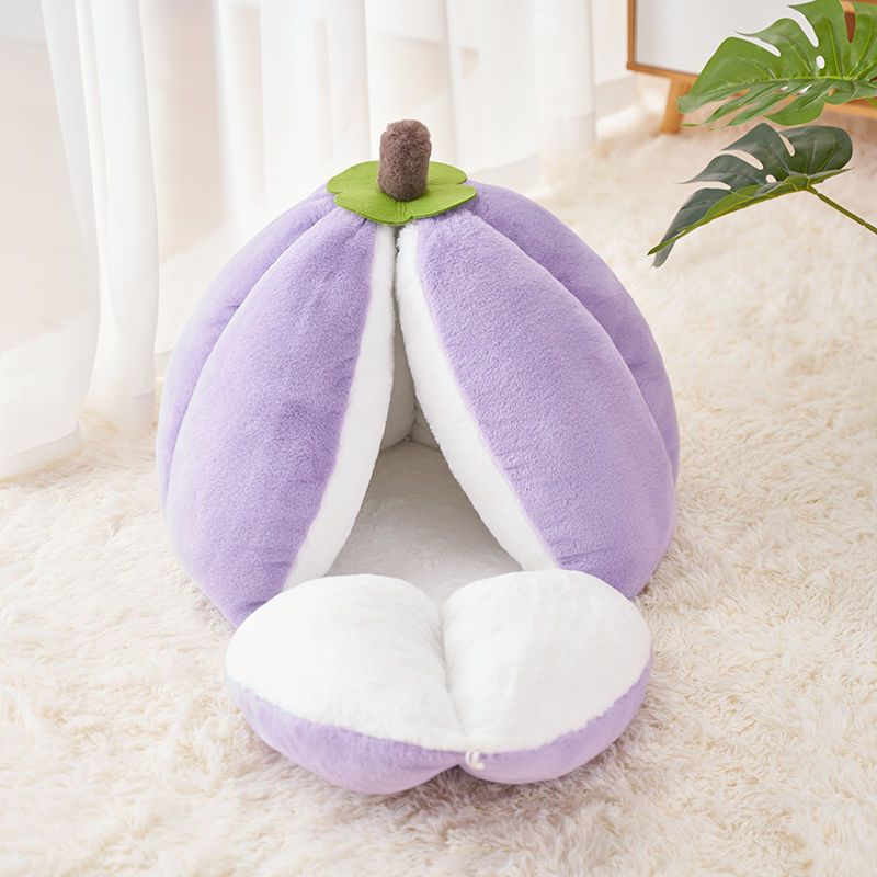 Soft Semi-Enclosed Cloud Velvet Cat Cave: Hypoallergenic | Top View | Purple