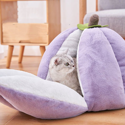 Soft Semi-Enclosed Cloud Velvet Cat Cave: Hypoallergenic | Purple | Front View | Mangosteen