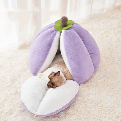 Soft Semi-Enclosed Cloud Velvet Cat Cave: Hypoallergenic | Purple | Cat | Top View