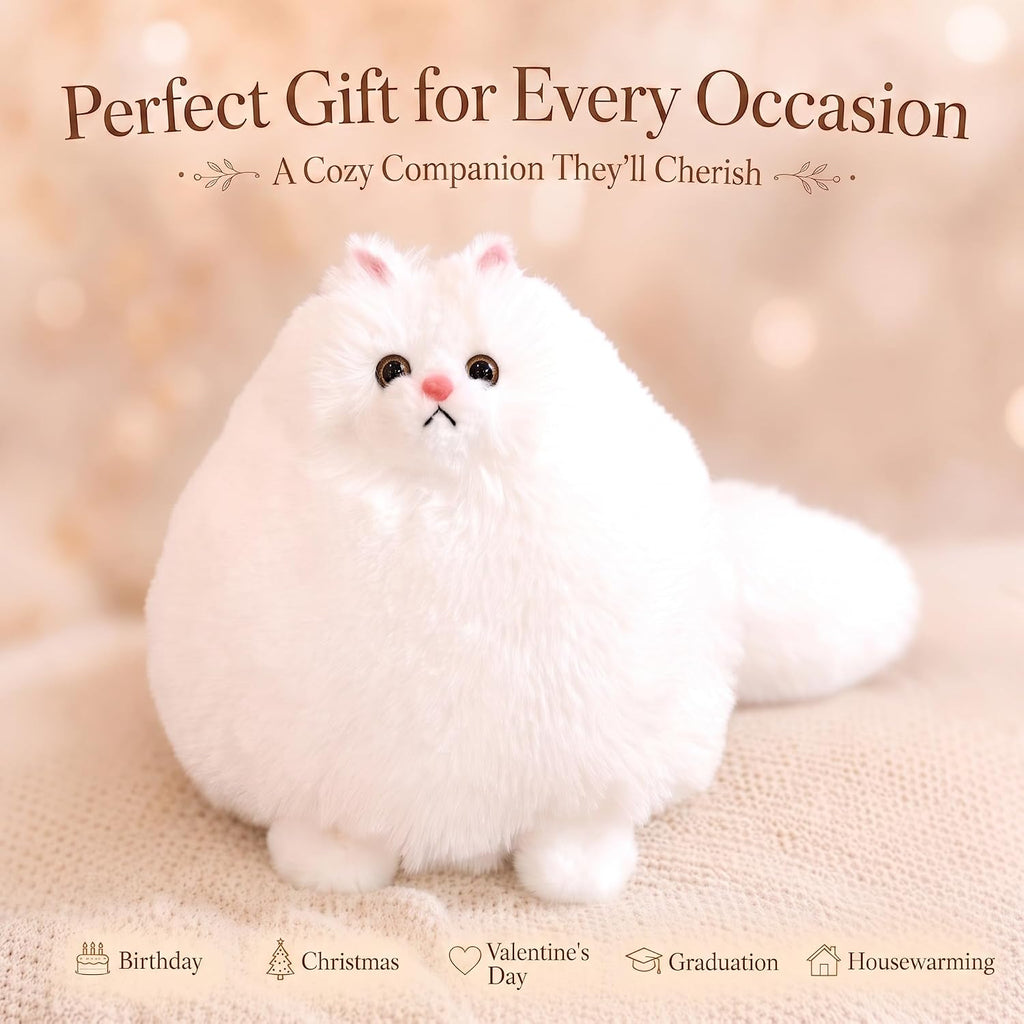 10-Inch White Cat Plush Toy, Soft Fluffy Stuffed Animal for Girls | Chubby Body and Long Tail Offer Cozy Cuddles, Making It a Sweet Gift for Kids, Birthdays, Holidays, and Cat Lovers
