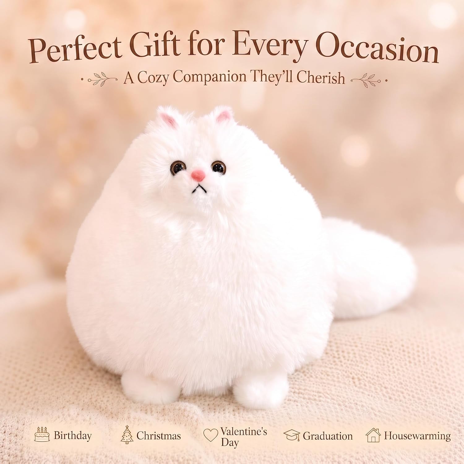 10-Inch White Cat Plush Toy, Soft Fluffy Stuffed Animal for Girls | Chubby Body and Long Tail Offer Cozy Cuddles, Making It a Sweet Gift for Kids, Birthdays, Holidays, and Cat Lovers