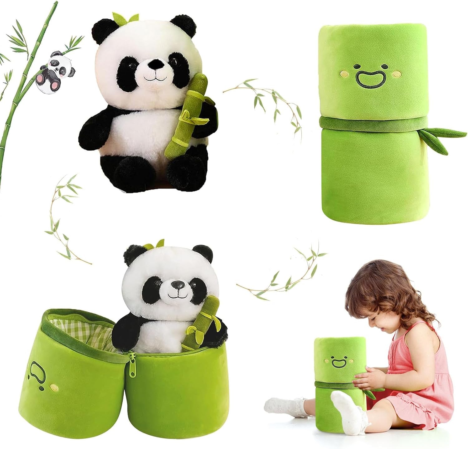 Soft Reversible Panda Stuffed Animals with Bamboo Storage Bag, 11-Inch Interactive Baby Toy, Cute Cuddly Panda Plush Toy for Kids & Adults – Perfect for Birthday & Easter Gifts | 11-Inch Interactive Baby Toy