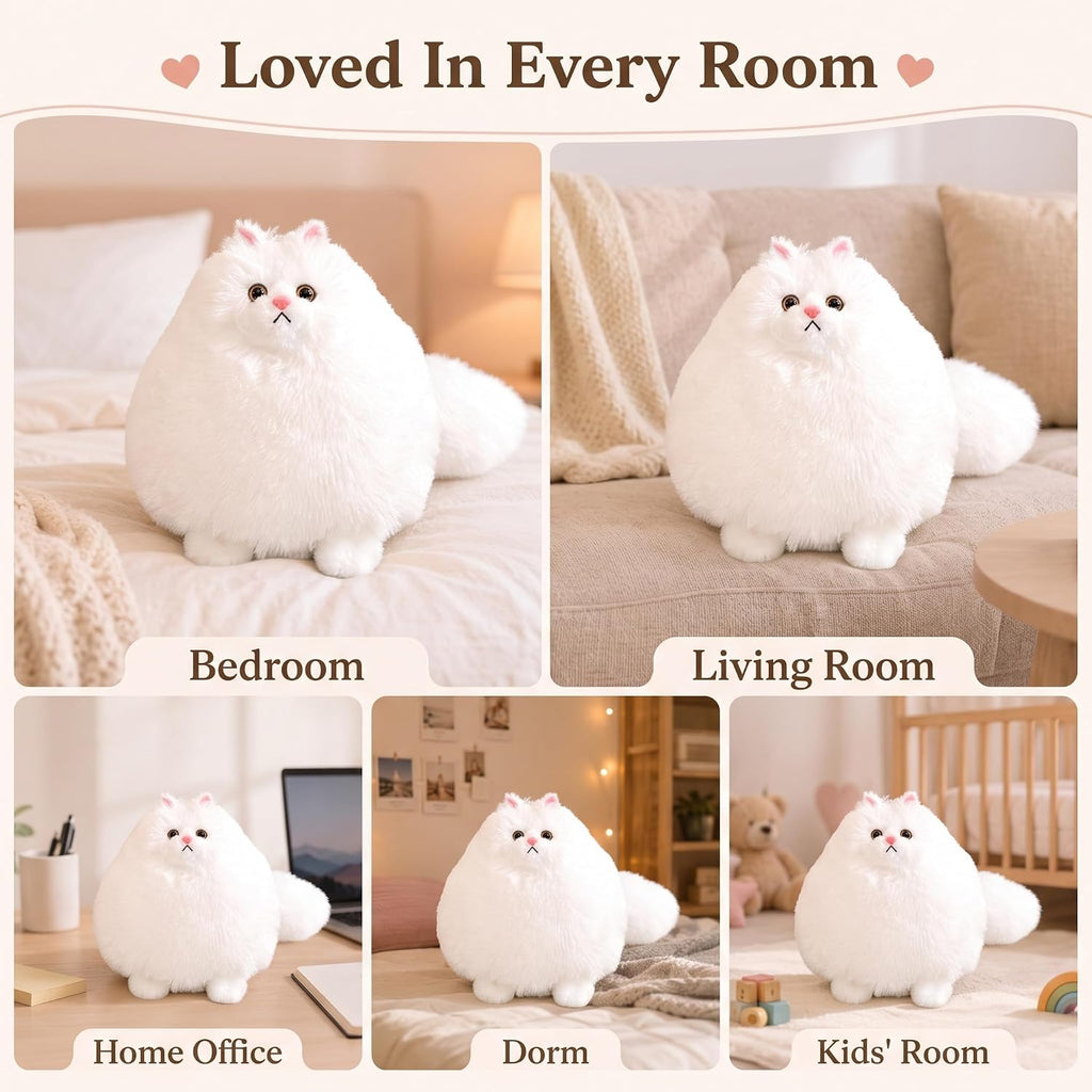 10-Inch White Cat Plush Toy, Soft Fluffy Stuffed Animal for Girls | Chubby Body and Long Tail Offer Cozy Cuddles, Making It a Sweet Gift for Kids, Birthdays, Holidays, and Cat Lovers
