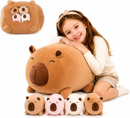 5-1 Capybara Stuffed Animal with 4 Babies Inside, 16 Inch Big Soft Mommy Capybara Plush Toy with 4 Capybaras, Cute Stuffed Pillow Gift for Kids Boys Girls, Birthday, Decor