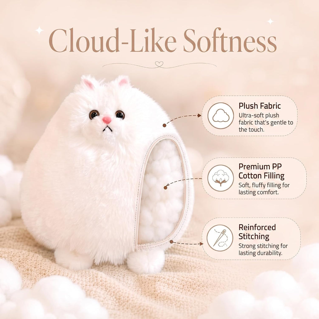 10-Inch White Cat Plush Toy, Soft Fluffy Stuffed Animal for Girls | Chubby Body and Long Tail Offer Cozy Cuddles, Making It a Sweet Gift for Kids, Birthdays, Holidays, and Cat Lovers