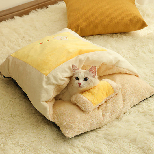 Anti-Slip Semi-Enclosed Soft Insulated Cat Bed | Yellow Color | Easy to Clean snugglepals