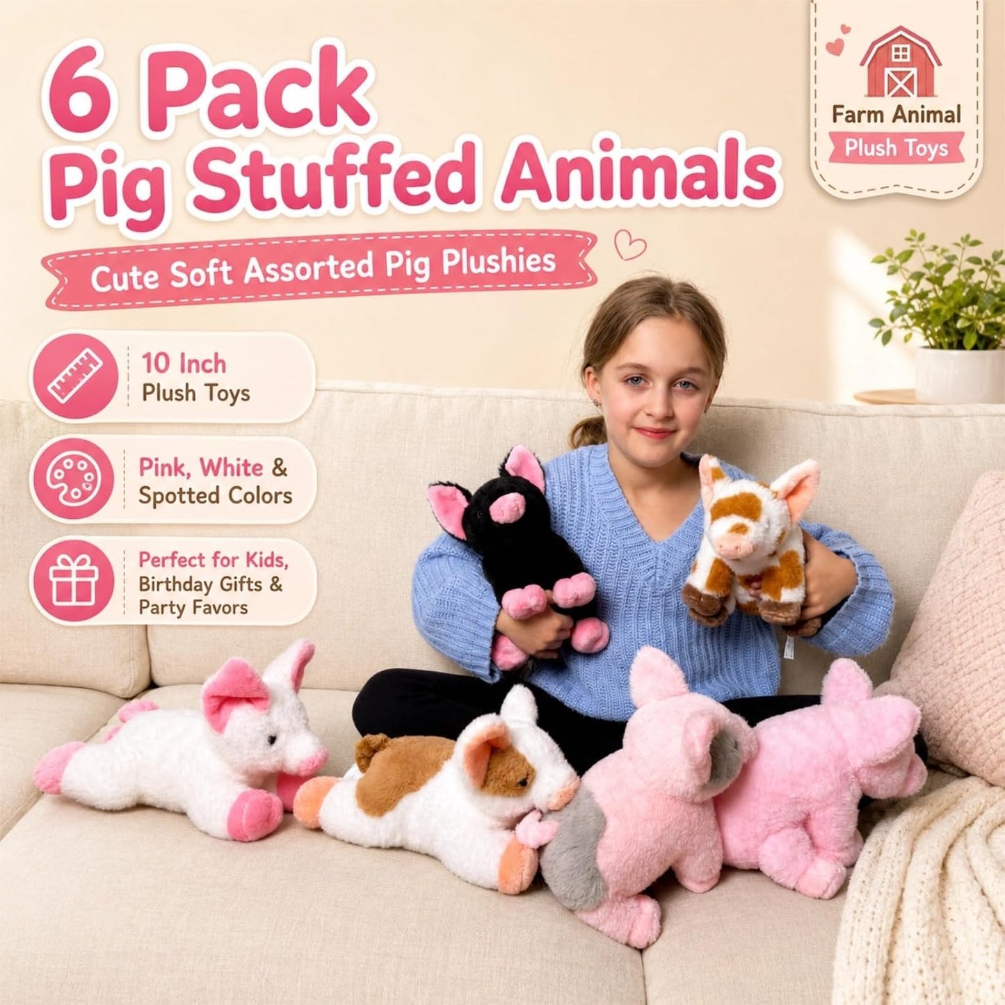 6 Pack Pig Stuffed Animals, 10 Inch Assorted Pig Plush Toys Set | 6 Assorted Pigs Bulk, Soft Plush Fabric, Cute Farm Animal Set, Party Favor Pack, Birthday Christmas Gift