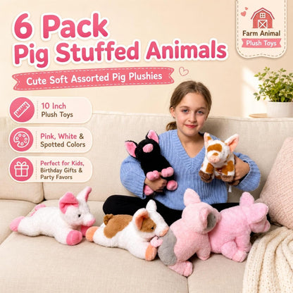 6 Pack Pig Stuffed Animals, 10 Inch Assorted Pig Plush Toys Set | 6 Assorted Pigs Bulk, Soft Plush Fabric, Cute Farm Animal Set, Party Favor Pack, Birthday Christmas Gift