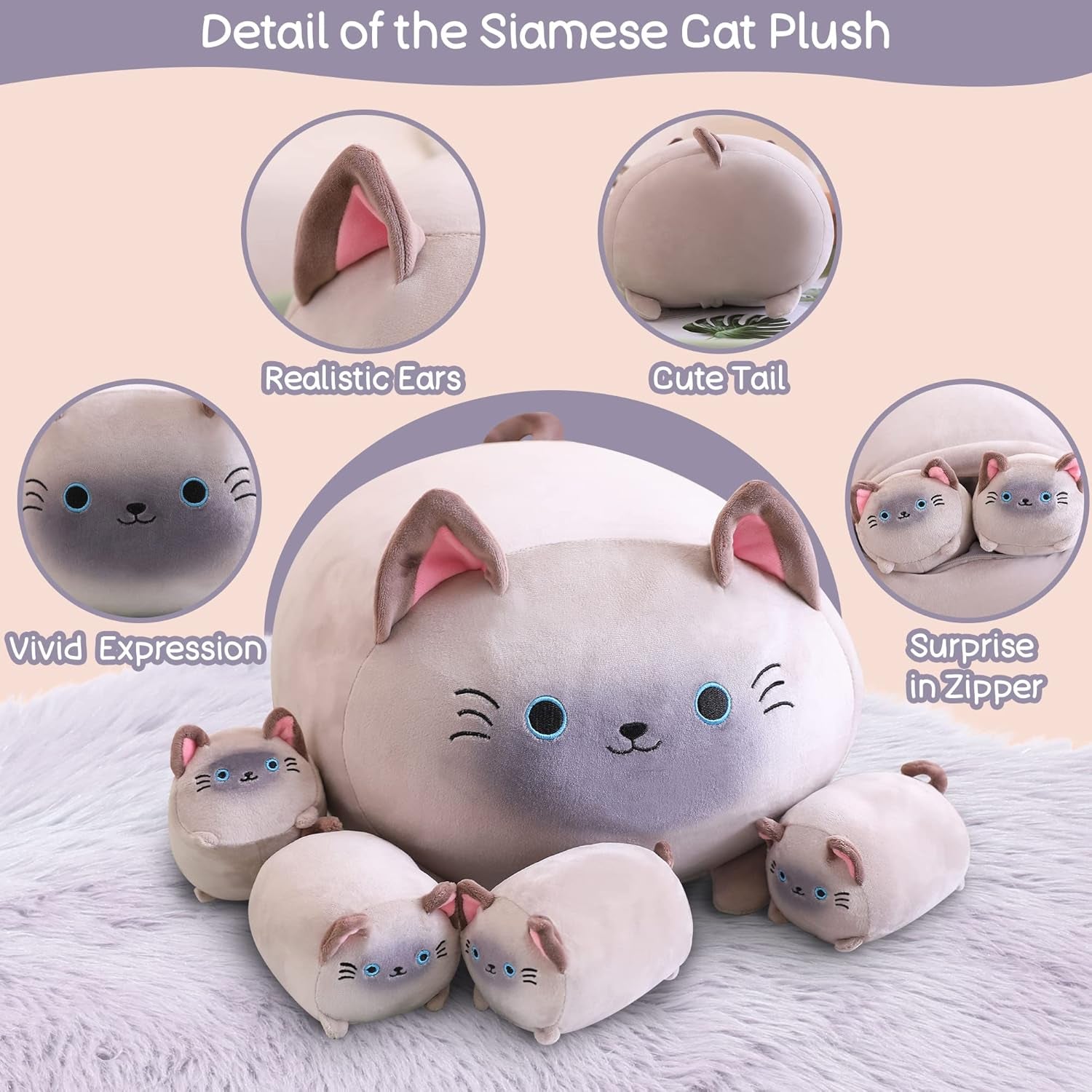 Siamese Cat Plush, Cute Stuffed Animals Mommy with 4 Squishy Kitties, Soft Plush Pillow Gifts for Kids