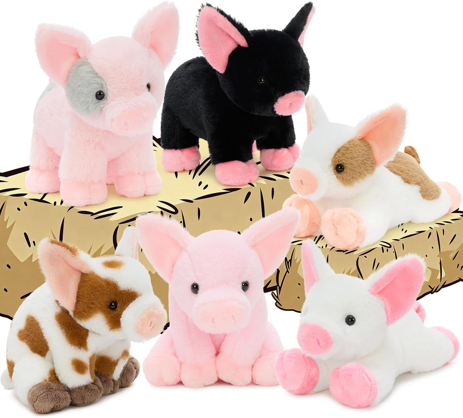 6 Pack Pig Stuffed Animals, 10 Inch Assorted Pig Plush Toys Set | 6 Assorted Pigs Bulk, Soft Plush Fabric, Cute Farm Animal Set, Party Favor Pack, Birthday Christmas Gift