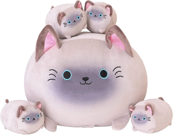 Siamese Cat Plush, Cute Stuffed Animals Mommy with 4 Squishy Kitties, Soft Plush Pillow Gifts for Kids