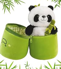 A plush panda toy sitting inside an open bright green pouch or organizer bag, with bamboo leaves around it on a white background.